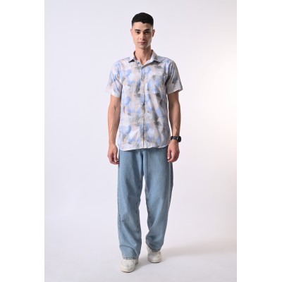Almark Men's Sky Blue Abstract Printed Half Sleeve Casual Shirt