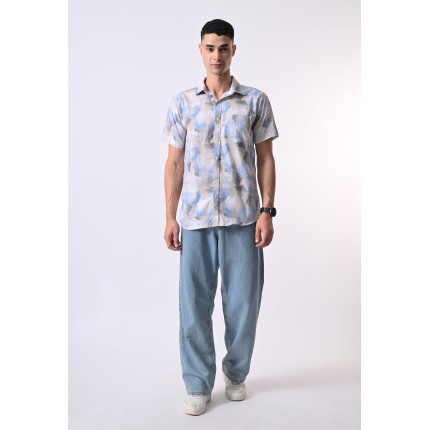 Almark Men's Sky Blue Abstract Printed Half Sleeve Casual Shirt