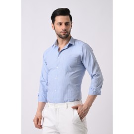 Almark Men's Slim Fit Sky Blue Cotton Small Check Shirt