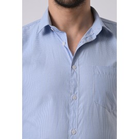 Almark Men's Slim Fit Sky Blue Cotton Small Check Shirt