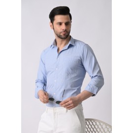 Almark Men's Slim Fit Sky Blue Cotton Small Check Shirt